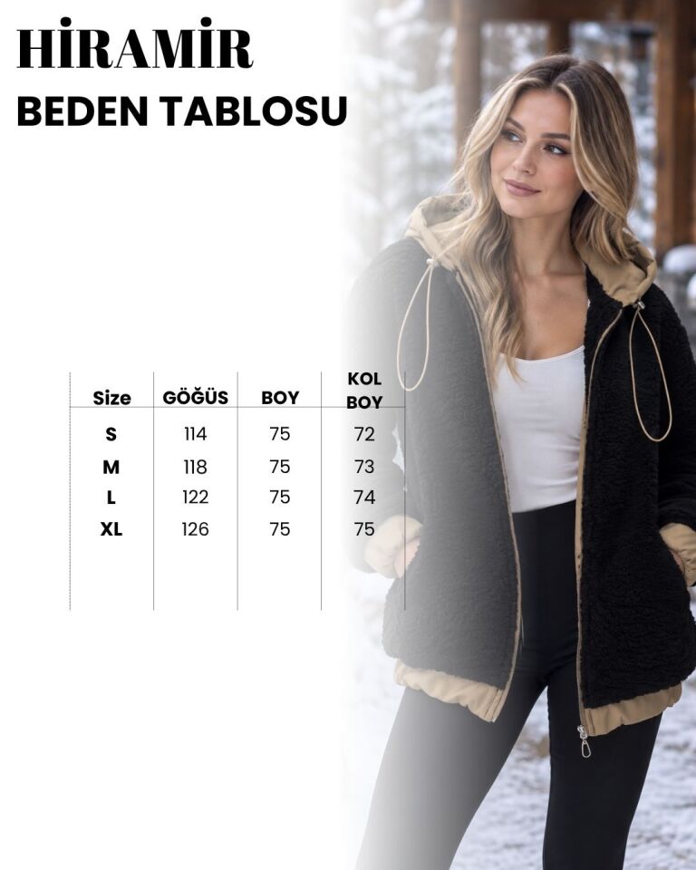Kadın Kapüşonlu Garnili Peluş Mont Fermuarlı Kışlık Mont KS2609 SİYAH - XL