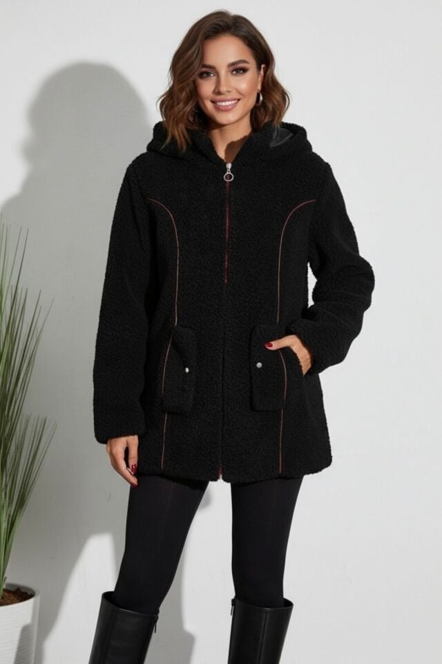 Peluş Yeni Sezon Kadın Kapüşonlu Astarlı Mont KS2563 40 - siyah