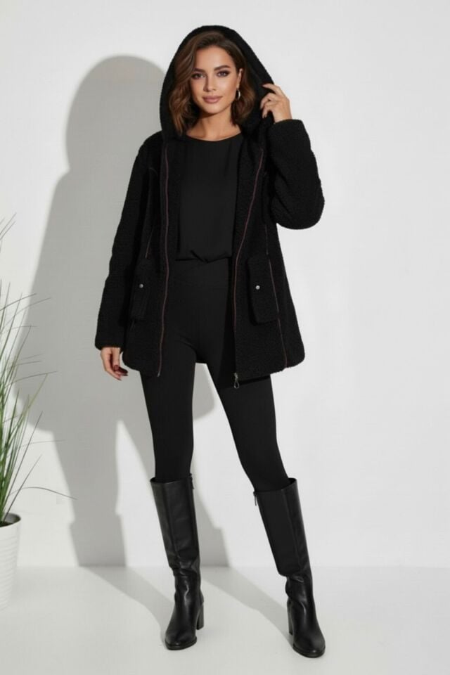 Peluş Yeni Sezon Kadın Kapüşonlu Astarlı Mont KS2563 40 - siyah