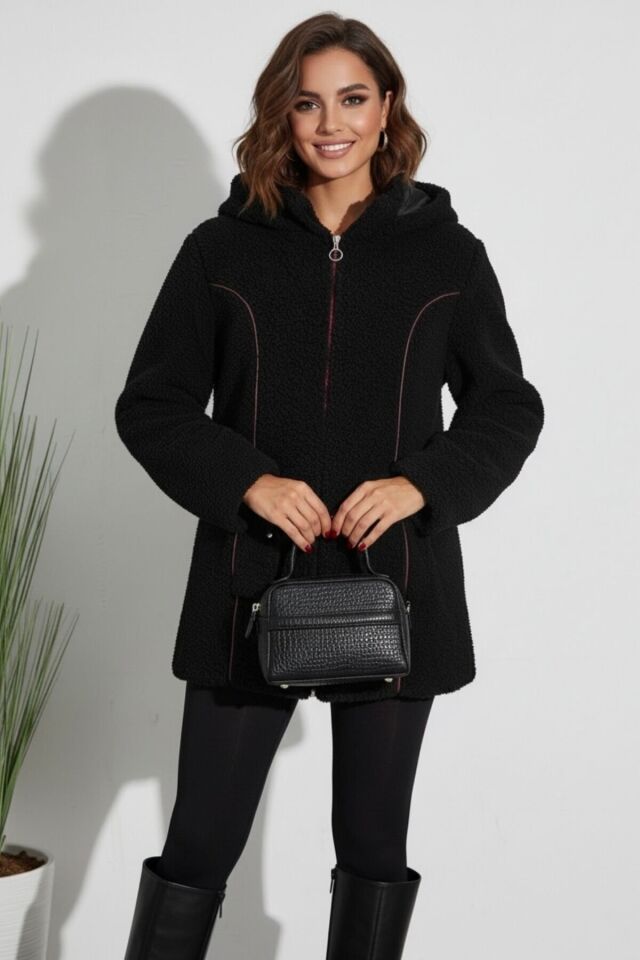 Peluş Yeni Sezon Kadın Kapüşonlu Astarlı Mont KS2563 40 - siyah