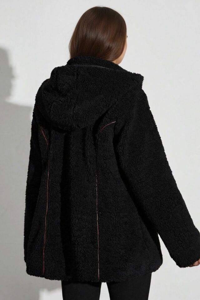 Peluş Yeni Sezon Kadın Kapüşonlu Astarlı Mont KS2563 40 - siyah