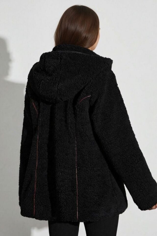 Peluş Yeni Sezon Kadın Kapüşonlu Astarlı Mont KS2563 40 - siyah