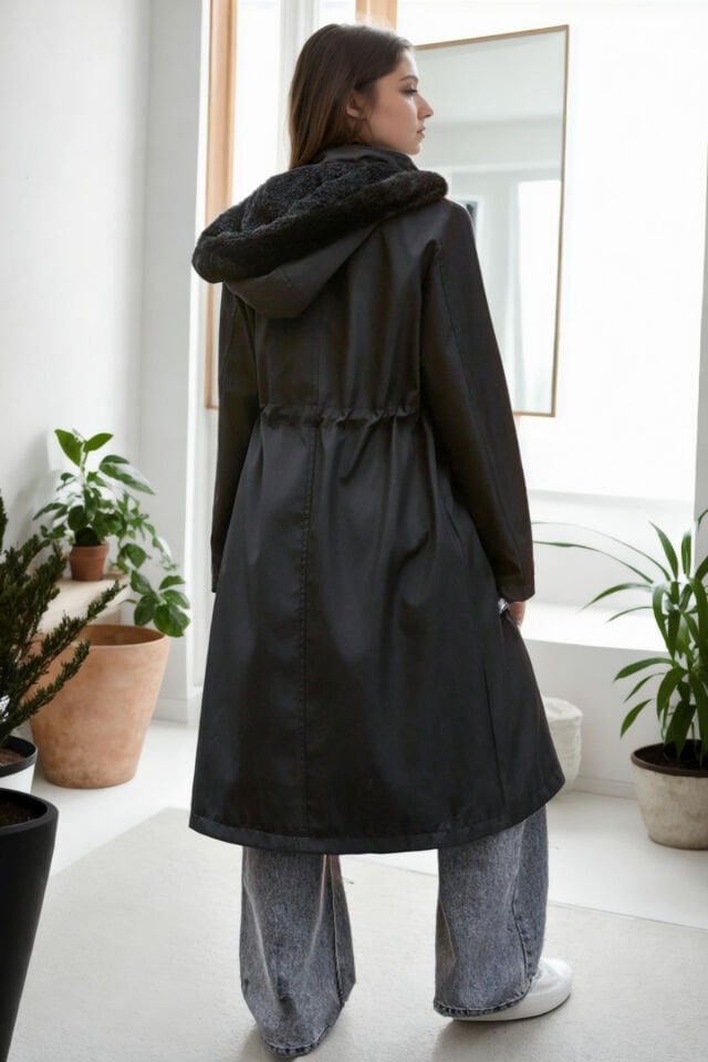 Uzun Kapüşonlu İçi Kürklü Bondik Mont siyah - 44