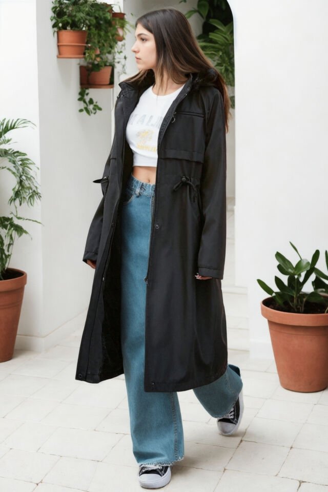 Uzun Kapüşonlu İçi Kürklü Bondik Mont siyah - 44