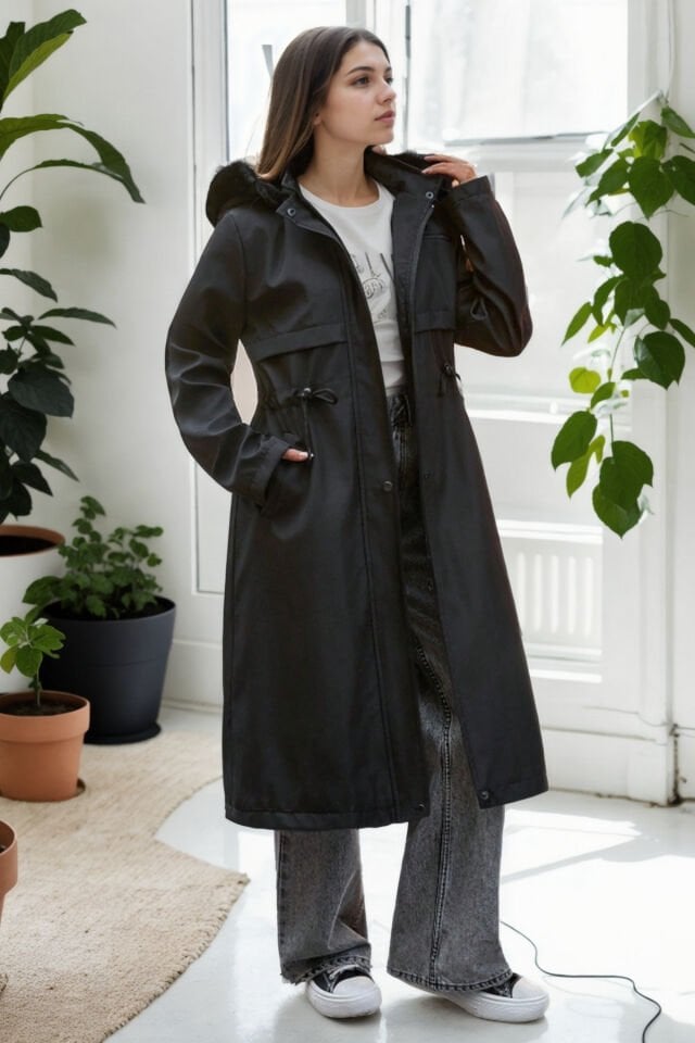 Uzun Kapüşonlu İçi Kürklü Bondik Mont siyah - 44