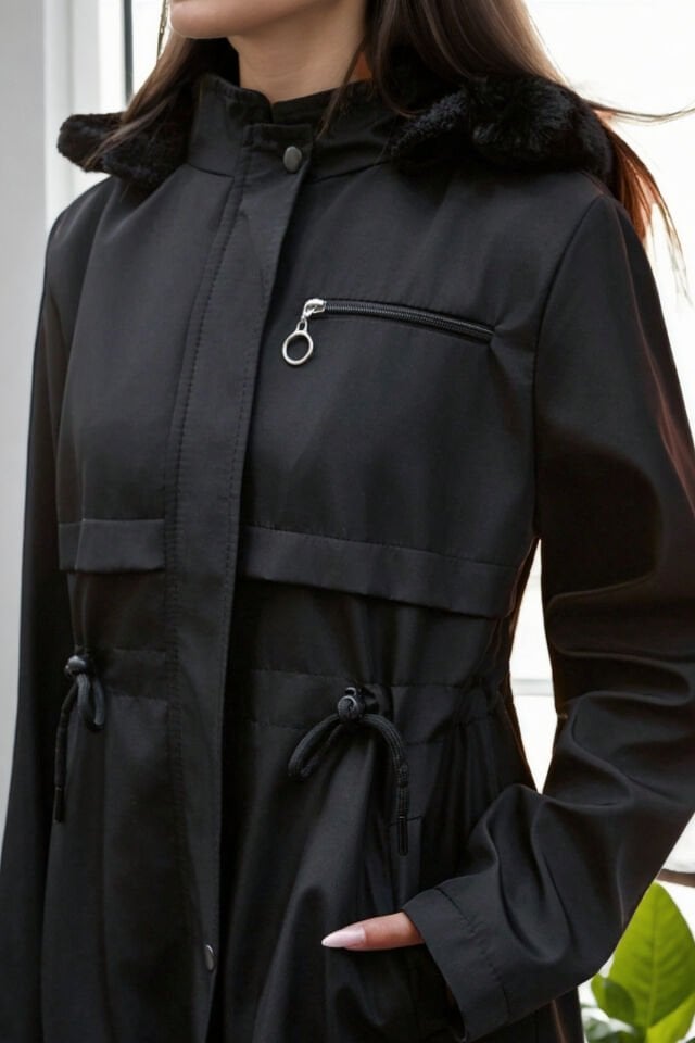 Uzun Kapüşonlu İçi Kürklü Bondik Mont siyah - 44