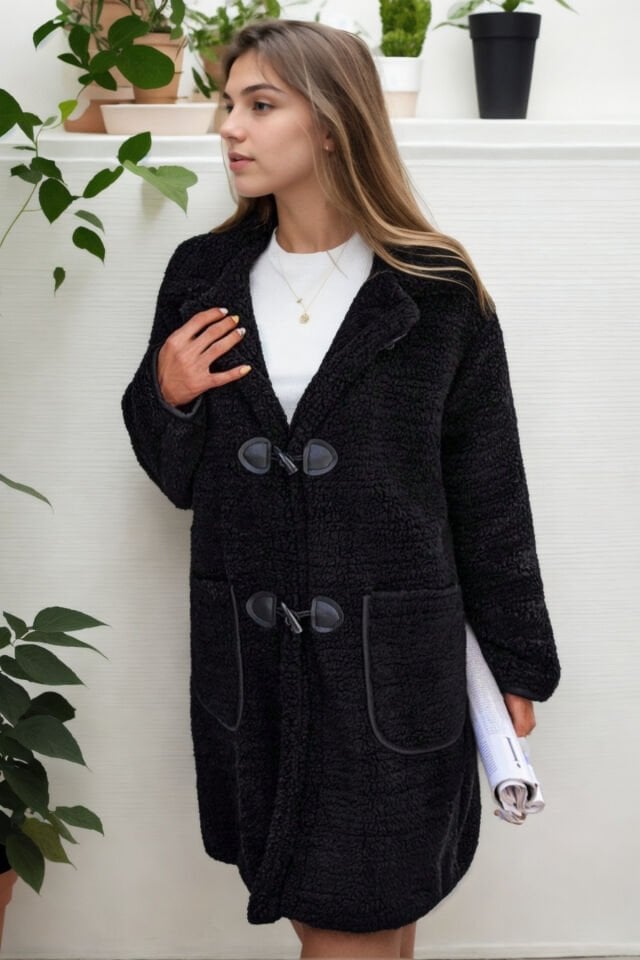 Peluş Rahat Kalıp Mont Beyaz KS2506 L - siyah