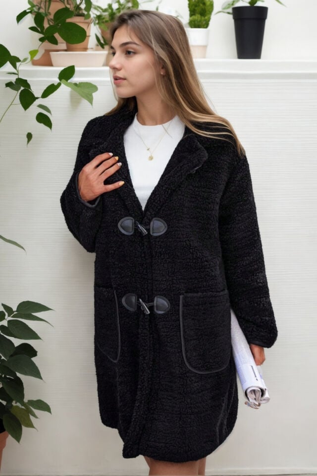 Peluş Rahat Kalıp Mont Beyaz KS2506 L - siyah