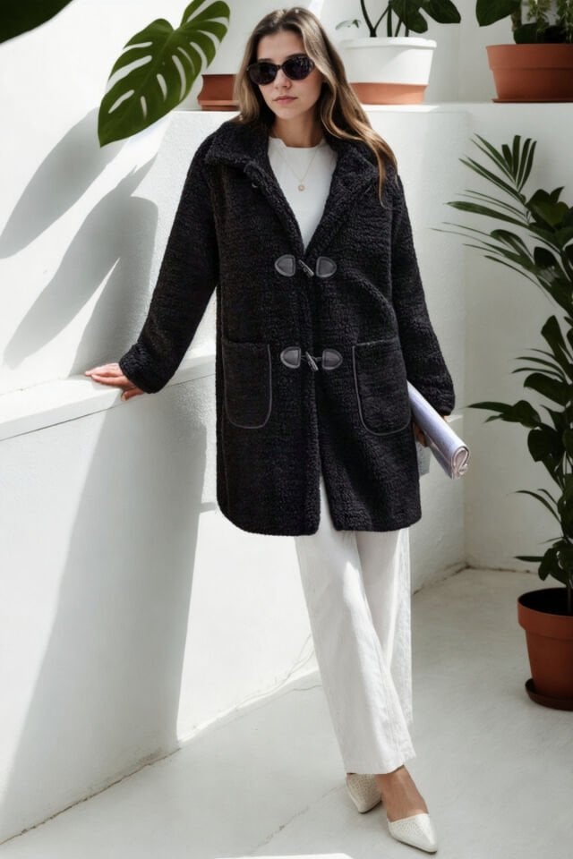 Peluş Rahat Kalıp Mont Beyaz KS2506 L - siyah