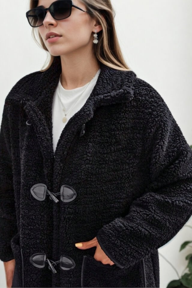 Peluş Rahat Kalıp Mont Beyaz KS2506 L - siyah