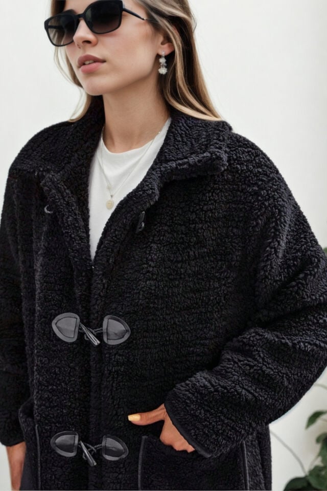 Peluş Rahat Kalıp Mont Beyaz KS2506 L - siyah