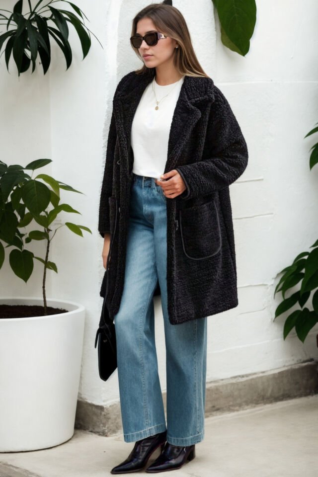 Peluş Rahat Kalıp Mont Beyaz KS2506 L - siyah