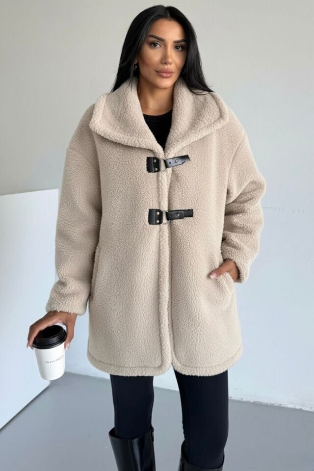 Peluş Deri Tokalı Mont KS2505 XL - Bej