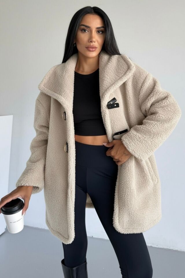 Peluş Deri Tokalı Mont KS2505 XL - Bej