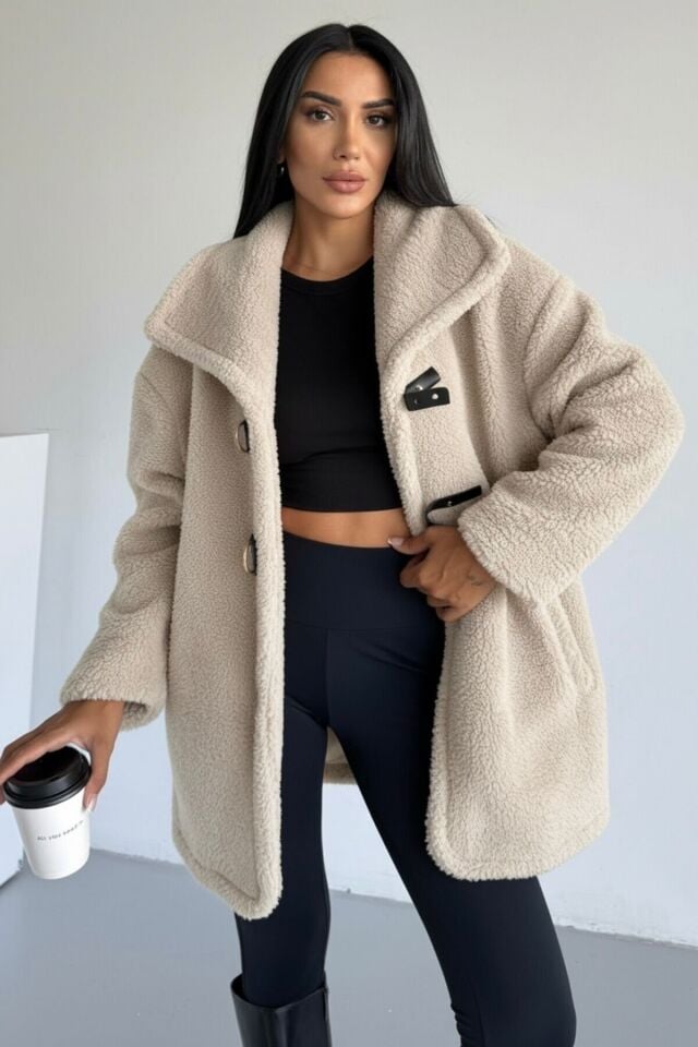 Peluş Deri Tokalı Mont KS2505 XL - Bej