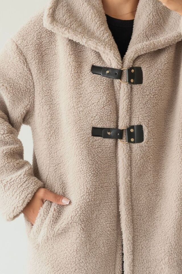 Peluş Deri Tokalı Mont KS2505 XL - Bej