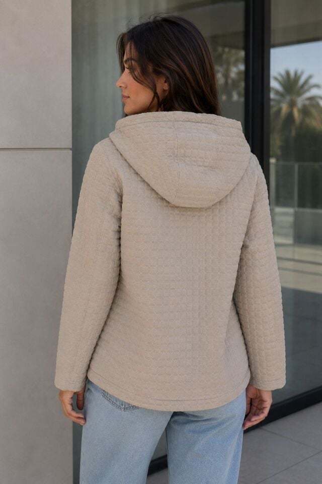 Kadın Kapüşonlu Kapitone İçi Kürklü Kışlık Mont KS2602 Taş - XL
