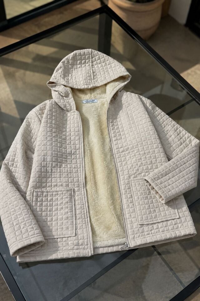 Kadın Kapüşonlu Kapitone İçi Kürklü Kışlık Mont KS2602 Taş - XL