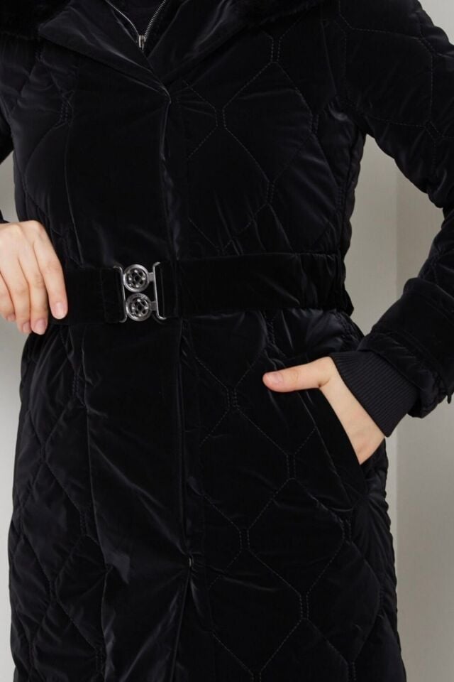 Kadın Yeni Sezon Kemerli Novam Kumaş Mont Taş KS2552 40 - siyah