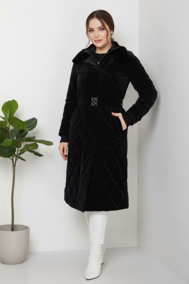 Kadın Yeni Sezon Kemerli Novam Kumaş Mont Taş KS2552 40 - siyah