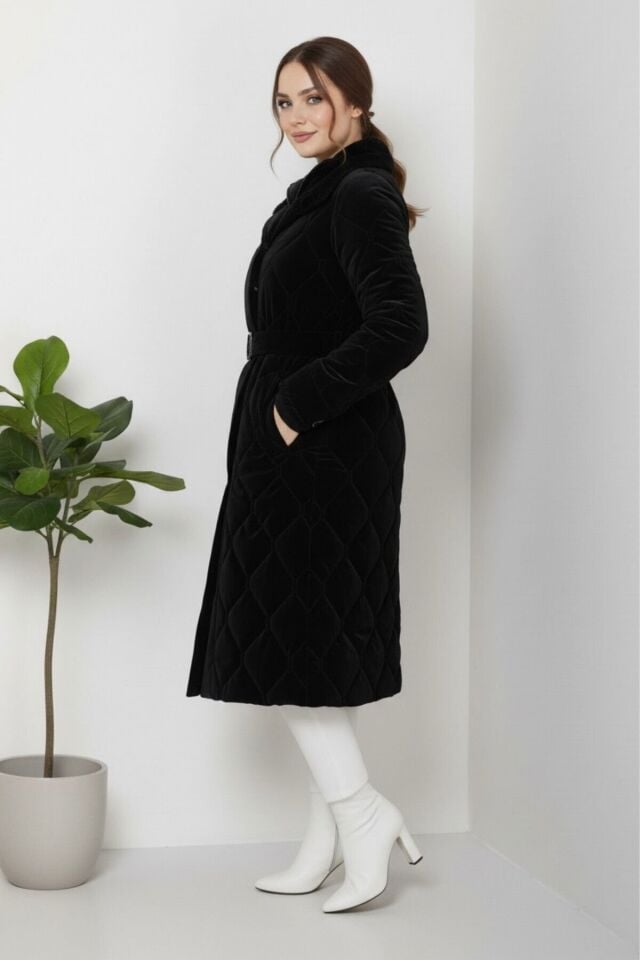 Kadın Yeni Sezon Kemerli Novam Kumaş Mont Taş KS2552 40 - siyah