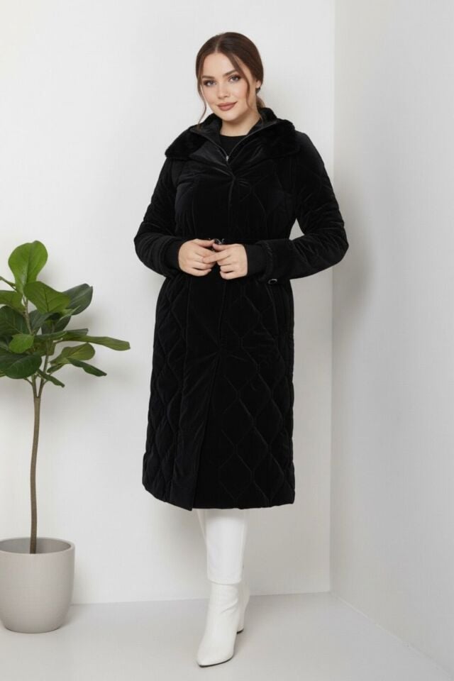 Kadın Yeni Sezon Kemerli Novam Kumaş Mont Taş KS2552 40 - siyah