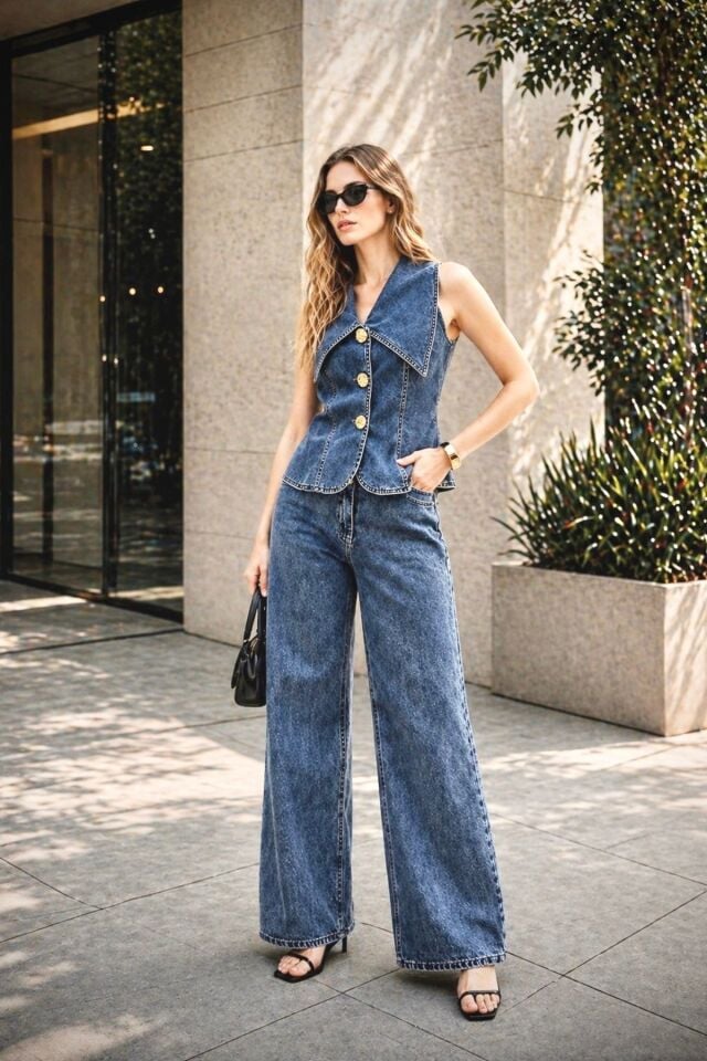 Kadın Gold Düğme Detaylı Yelekli Denim Kot Takım YZ2613 Mavi - XS