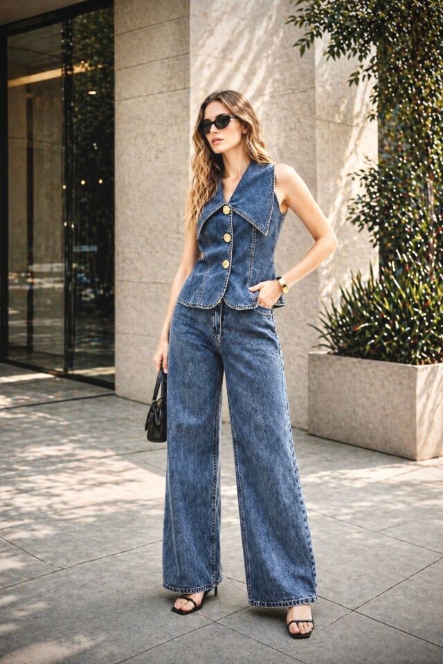 Kadın Gold Düğme Detaylı Yelekli Denim Kot Takım YZ2613 Mavi - XS