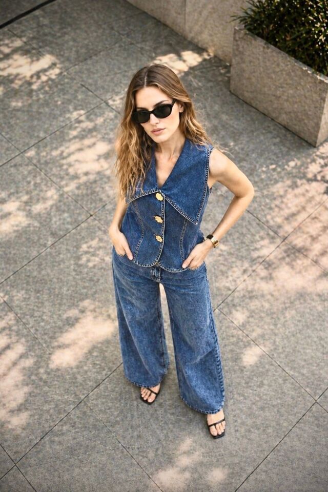 Kadın Gold Düğme Detaylı Yelekli Denim Kot Takım YZ2613 Mavi - XS
