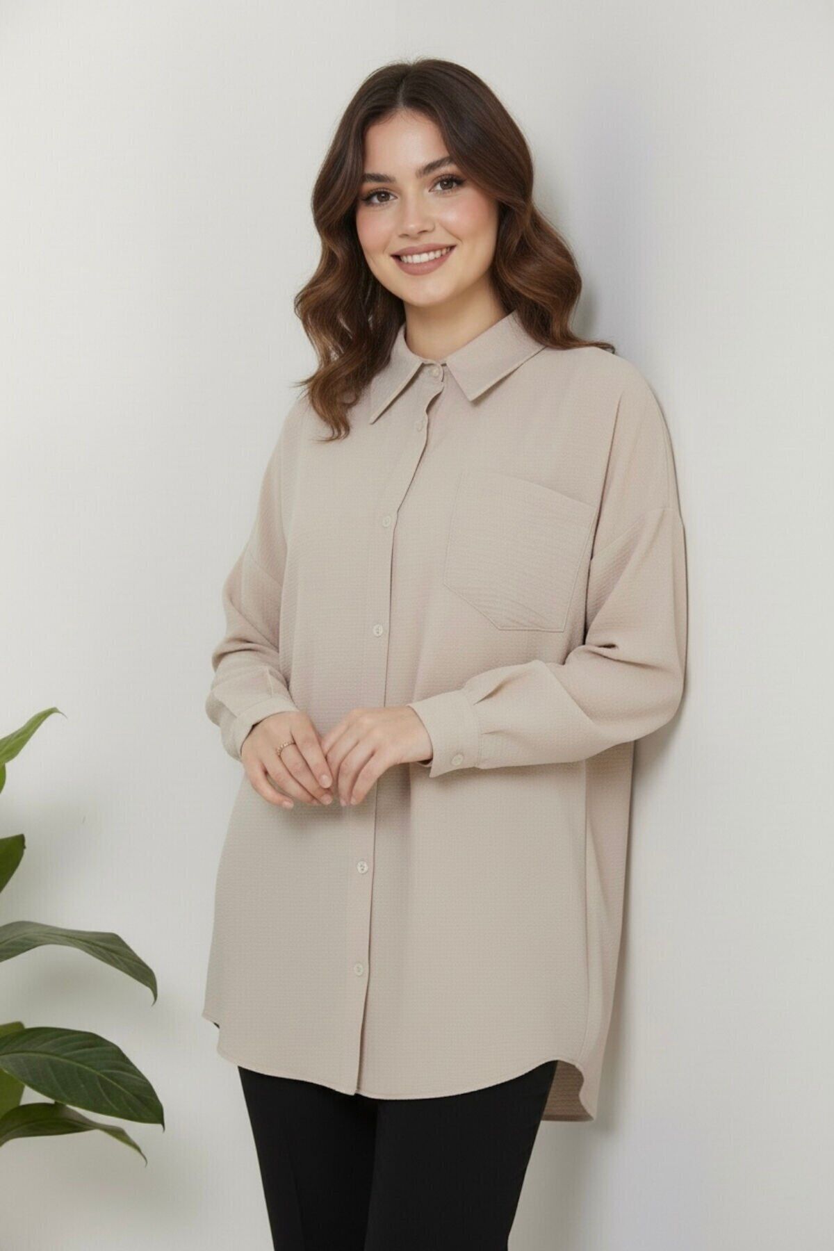 Kadın Oversize Yeni Sezon Pera Keten Gömlek 42 - Bej