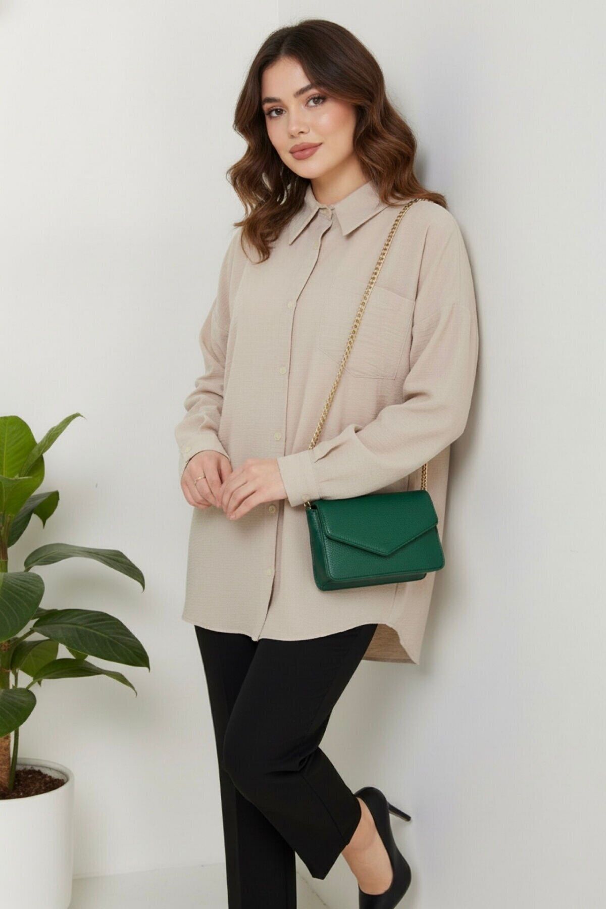 Kadın Oversize Yeni Sezon Pera Keten Gömlek 42 - Bej