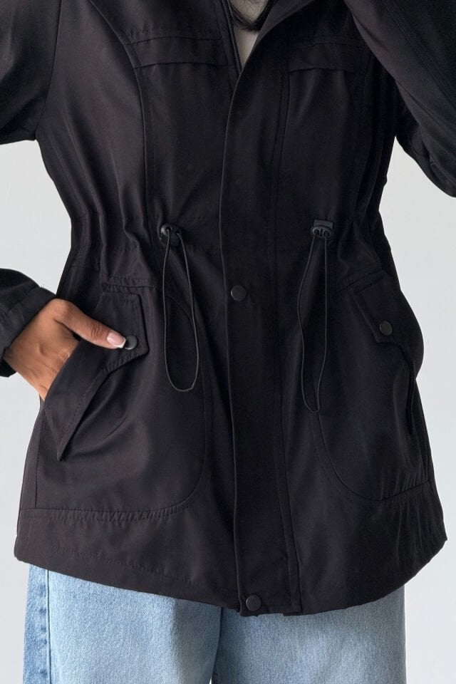 Kapüşonlu Bondit Cep Kapak Detaylı Mont Siyah KS2513 L - Siyah