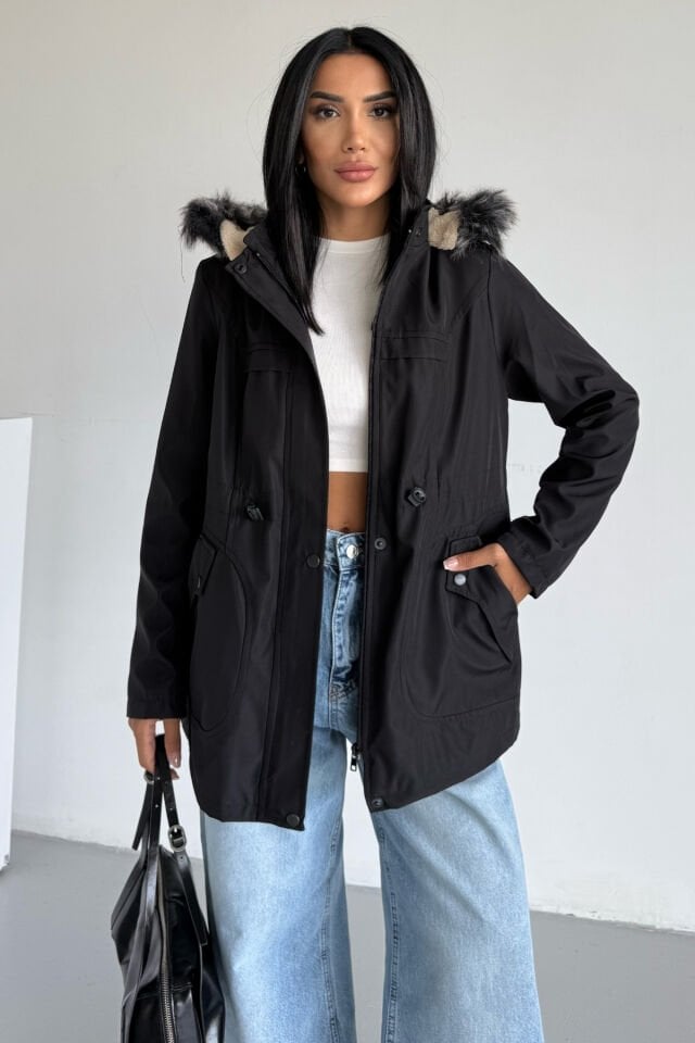 Kapüşonlu Bondit Cep Kapak Detaylı Mont Siyah KS2513 L - Siyah