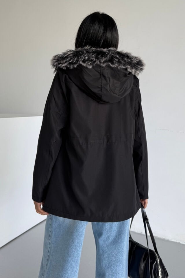 Kapüşonlu Bondit Cep Kapak Detaylı Mont Siyah KS2513 L - Siyah