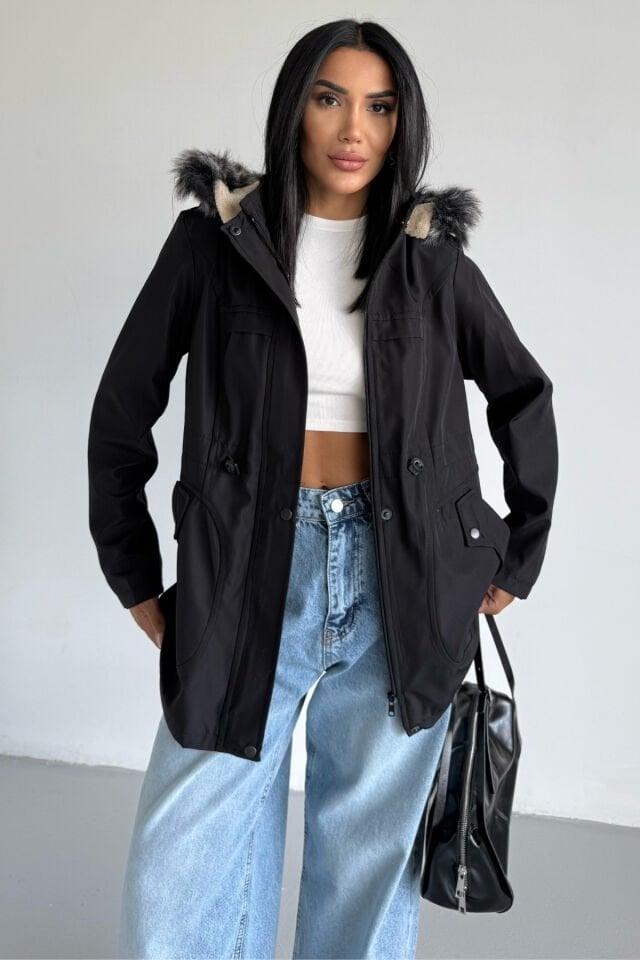 Kapüşonlu Bondit Cep Kapak Detaylı Mont Siyah KS2513 L - Siyah