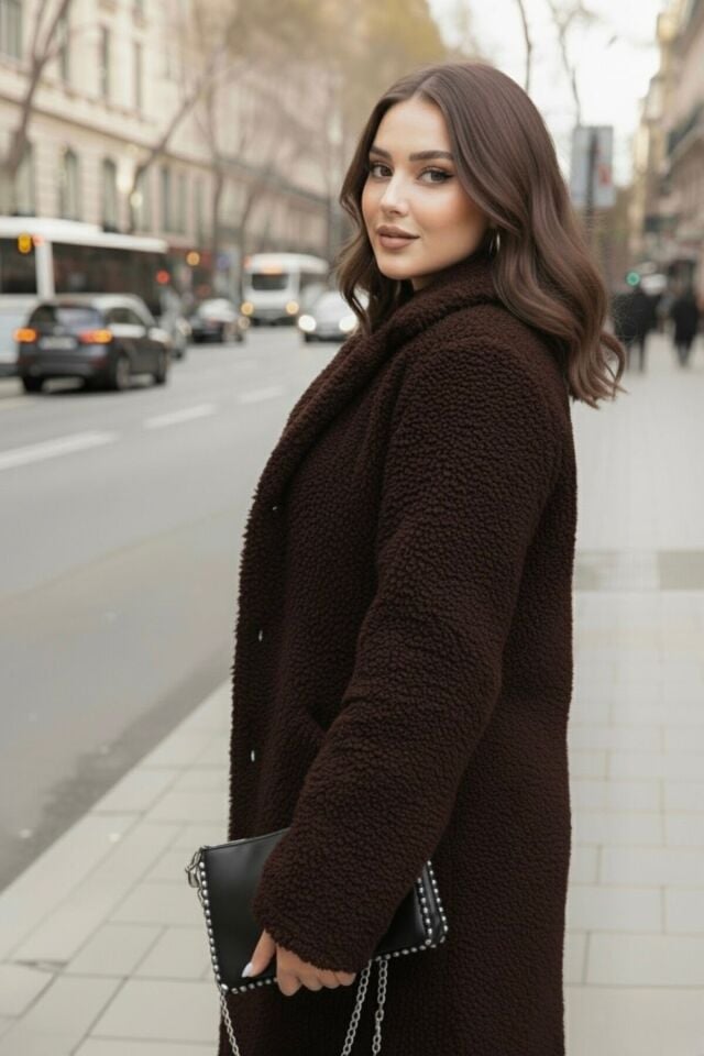 Kadın Peluş Önü Düğmeli Mont Bej KS2531 3XL - Kahverengi