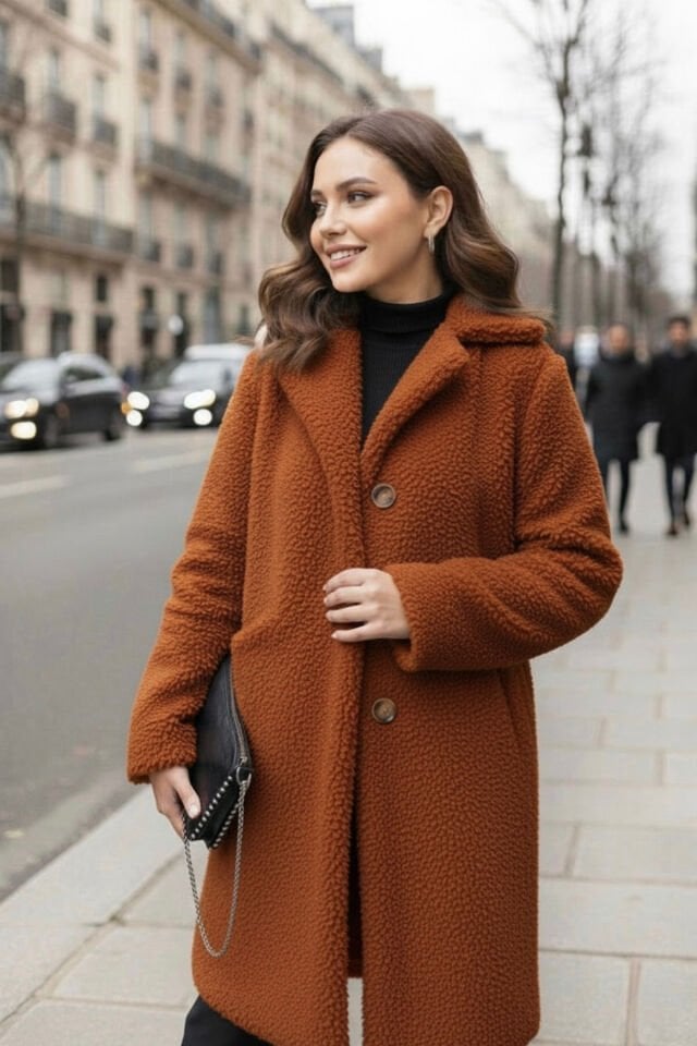 Kadın Peluş Önü Düğmeli Mont Bej KS2531 2XL - Taba