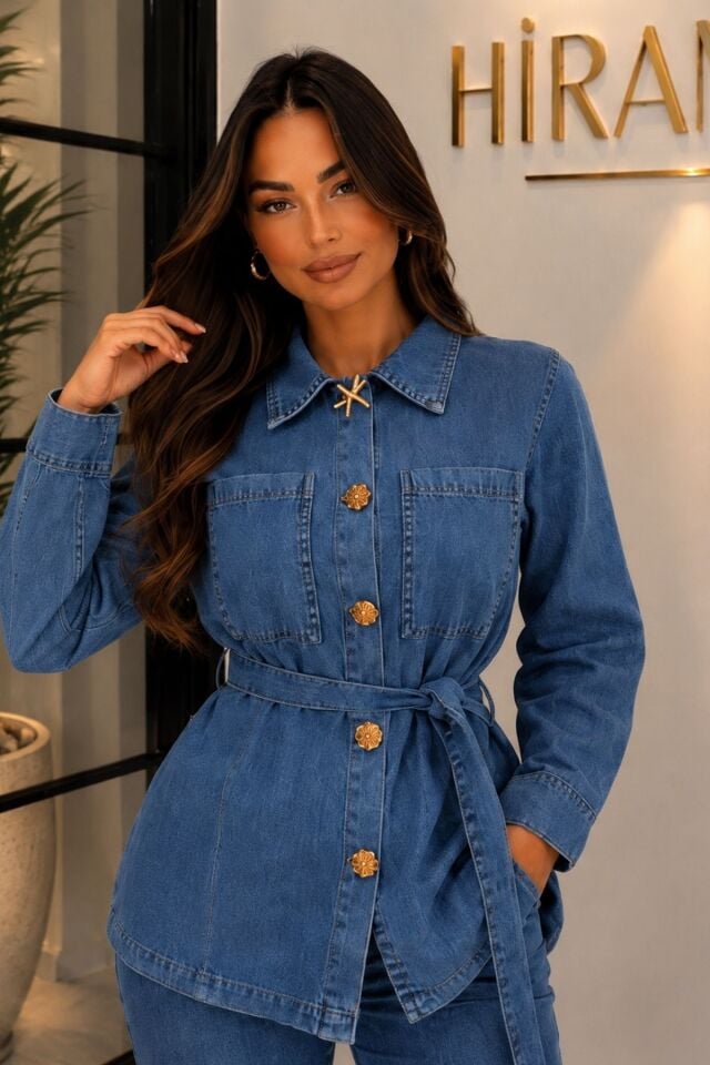 Kadın Kot Takım Düğme Detaylı Kuşaklı Ceket Bol Paça Pantolon Takım YZ2521 Çok Renkli - 44