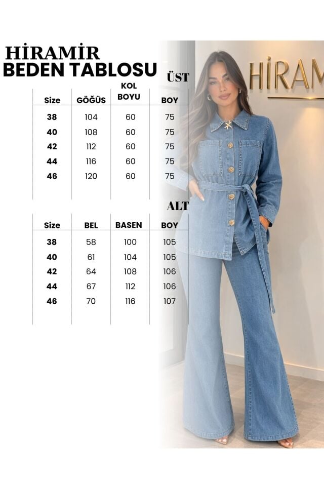 Kadın Kot Takım Düğme Detaylı Kuşaklı Ceket Bol Paça Pantolon Takım YZ2521 Çok Renkli - 44