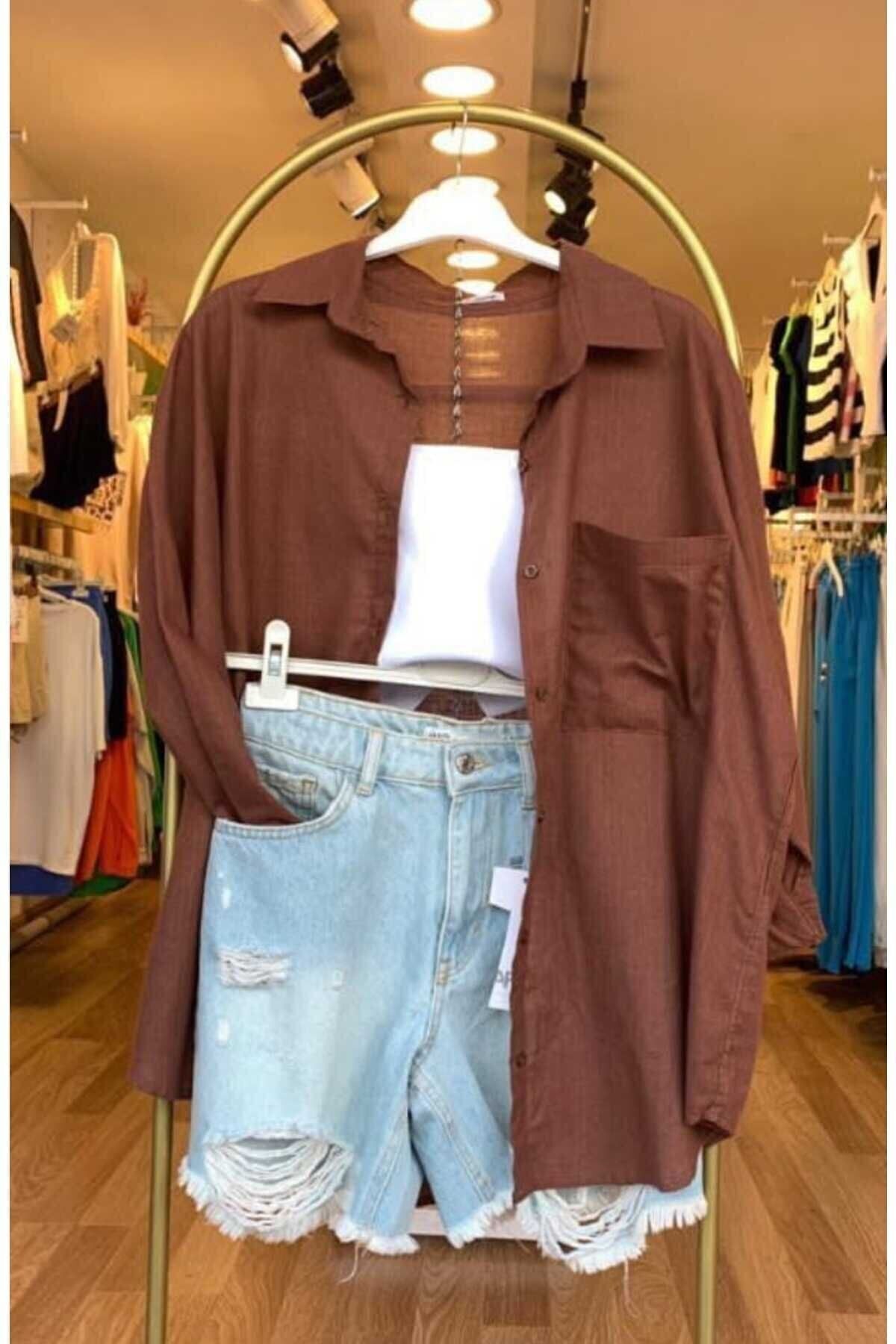 Kadın Oversize Standart Beden Pamuk Keten İnce Gömlek Standart - Kahverengi