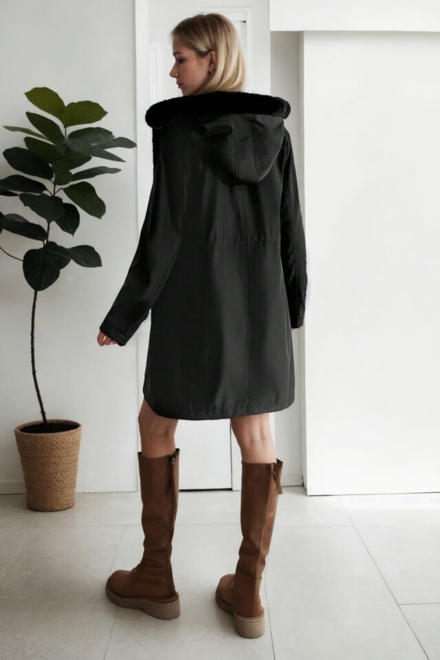 Kapüşonlu İçi Kürklü Bondik Mont Orta Boy siyah - 44