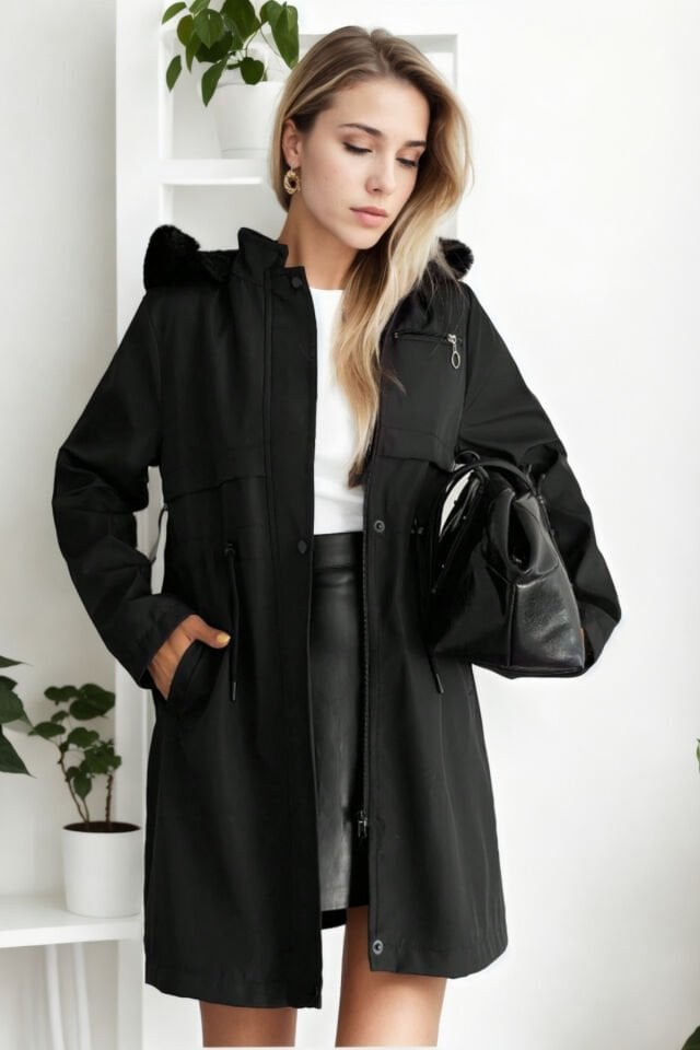 Kapüşonlu İçi Kürklü Bondik Mont Orta Boy siyah - 44