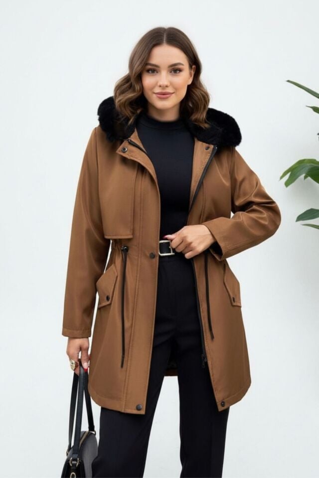 Yeni Sezon Kadın Kapüşonlu Astarlı Mont KS2575 L - Taba