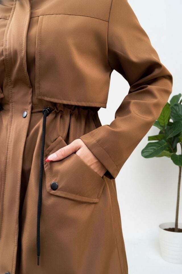 Yeni Sezon Kadın Kapüşonlu Astarlı Mont KS2575 L - Taba