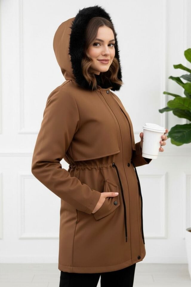 Yeni Sezon Kadın Kapüşonlu Astarlı Mont KS2575 L - Taba