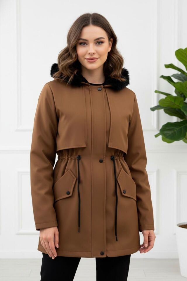 Yeni Sezon Kadın Kapüşonlu Astarlı Mont KS2575 L - Taba