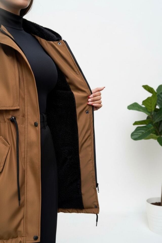 Yeni Sezon Kadın Kapüşonlu Astarlı Mont KS2575 L - Taba