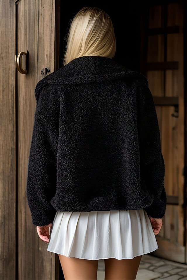 Geniş Yaka Kuzu Kıvırcık Kısa Kruvaze Mont siyah - 44