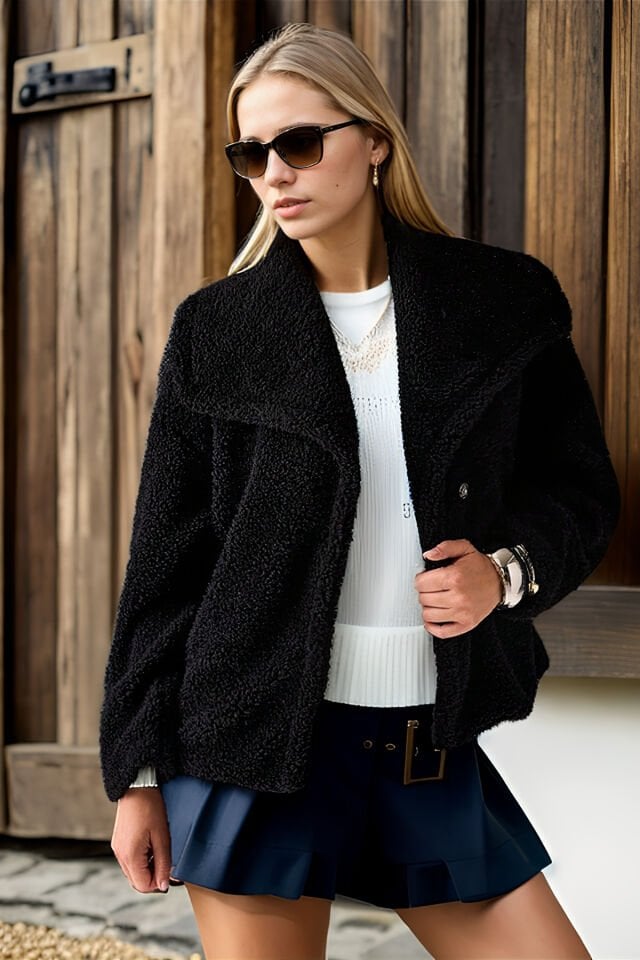 Geniş Yaka Kuzu Kıvırcık Kısa Kruvaze Mont