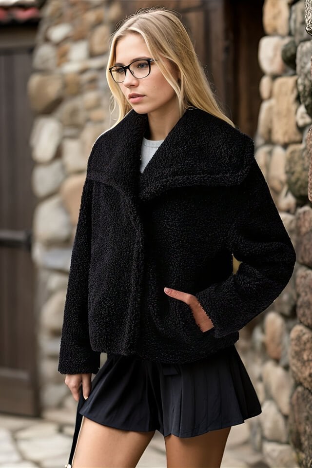 Geniş Yaka Kuzu Kıvırcık Kısa Kruvaze Mont siyah - 44